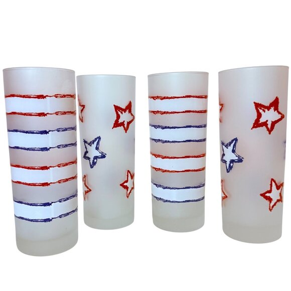 Dartington France Patriotic Tumblers Frosted Glass Set of 4 Stars Stripes July 4 - Picture 5 of 13